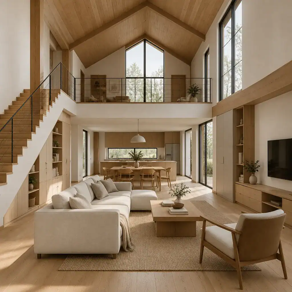 minimalist barn house living interior