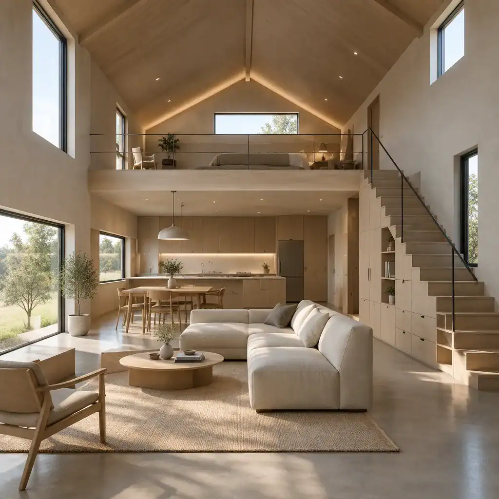 minimalist barn house loft with natural light and built in storage