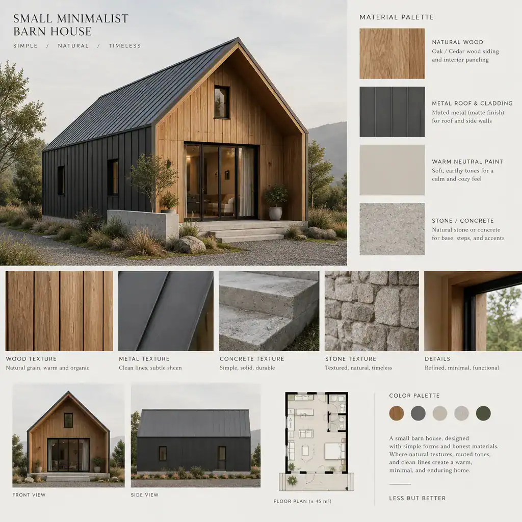 minimalist barn house materials with wood metal and neutral finishes