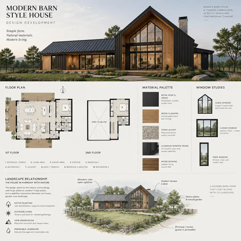 modern barn house design concept board with elevation floor plan and material samples