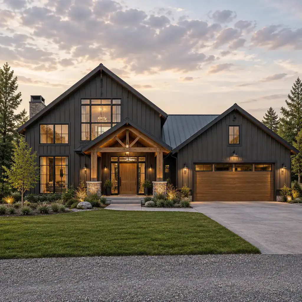 modern barn house facade with garage and contemporary materials