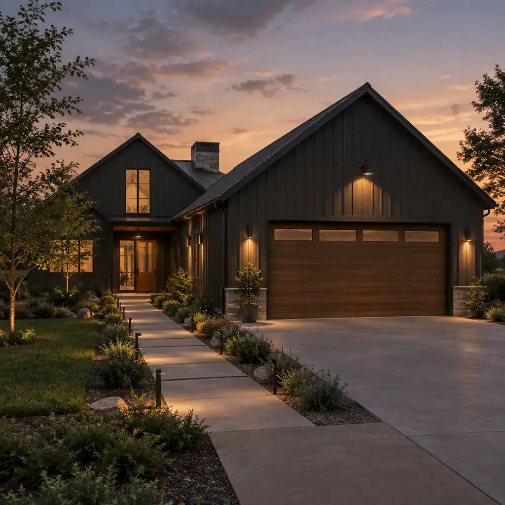 modern barn house garage driveway and exterior lighting