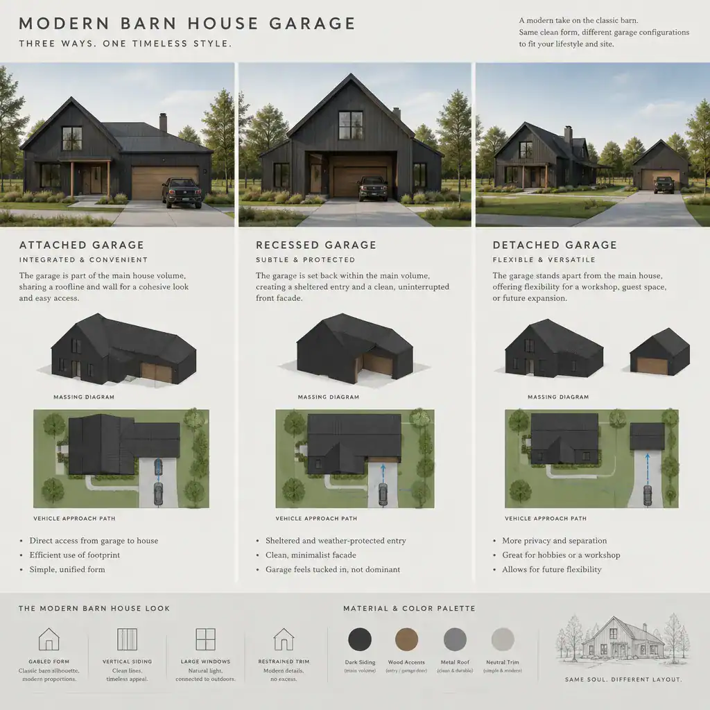 modern barn house garage placement comparison