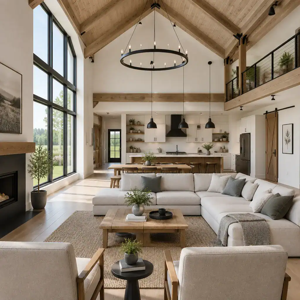modern barn house interior with high ceiling wood accents and neutral furnishings