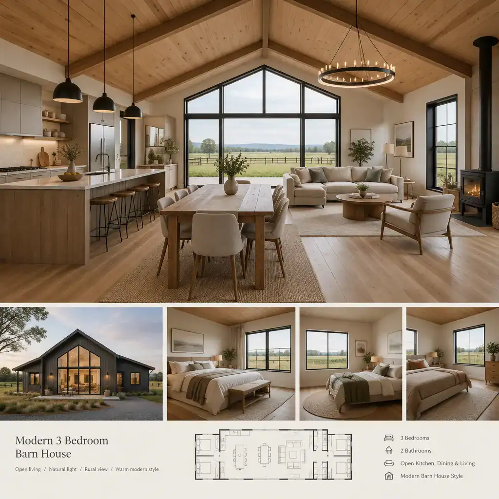 modern barn house interior with open kitchen living and dining area