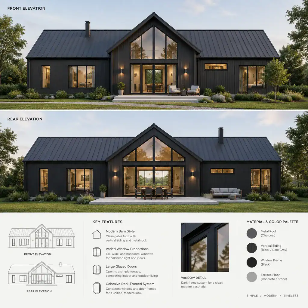 modern barn style house windows and glazed doors connecting to terrace