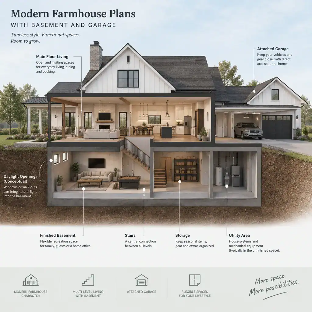 modern farmhouse basement layout with flexible living and storage zones