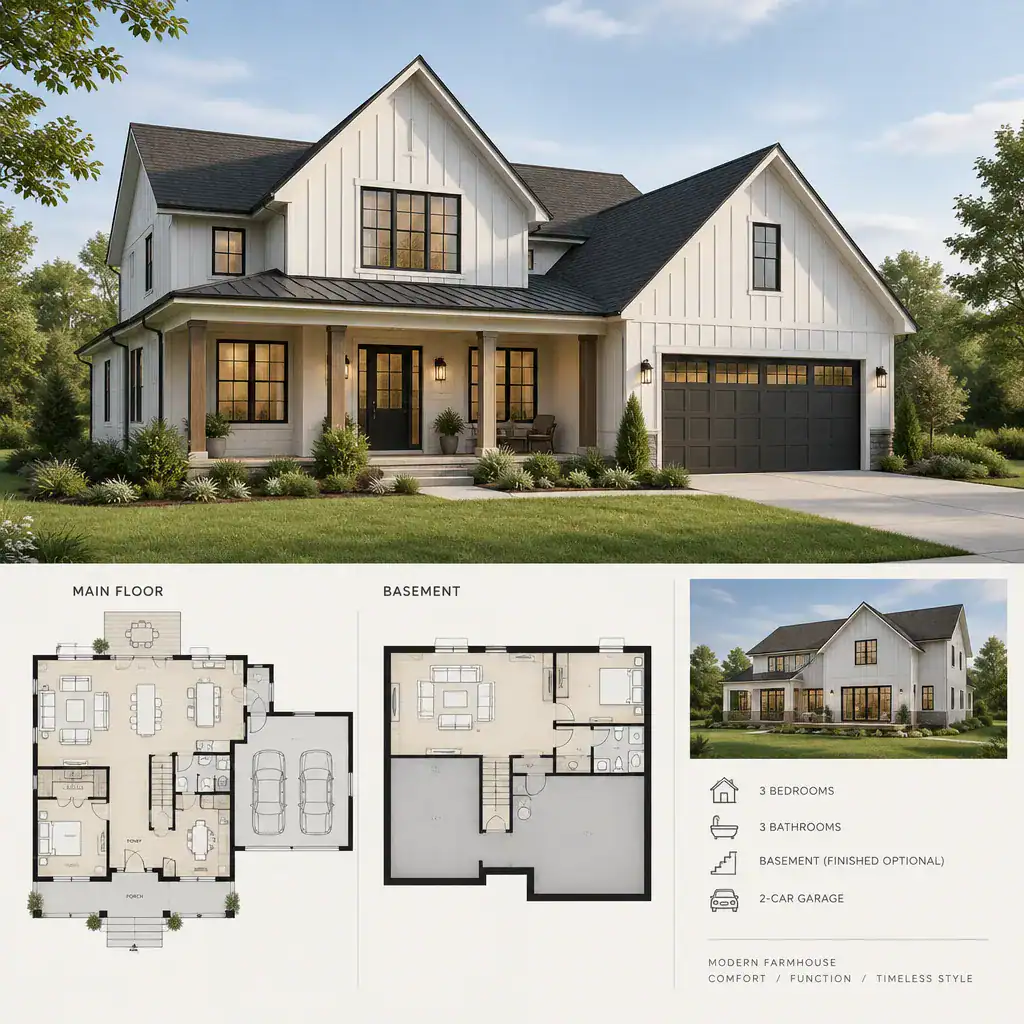 modern farmhouse exterior with integrated garage and covered porch