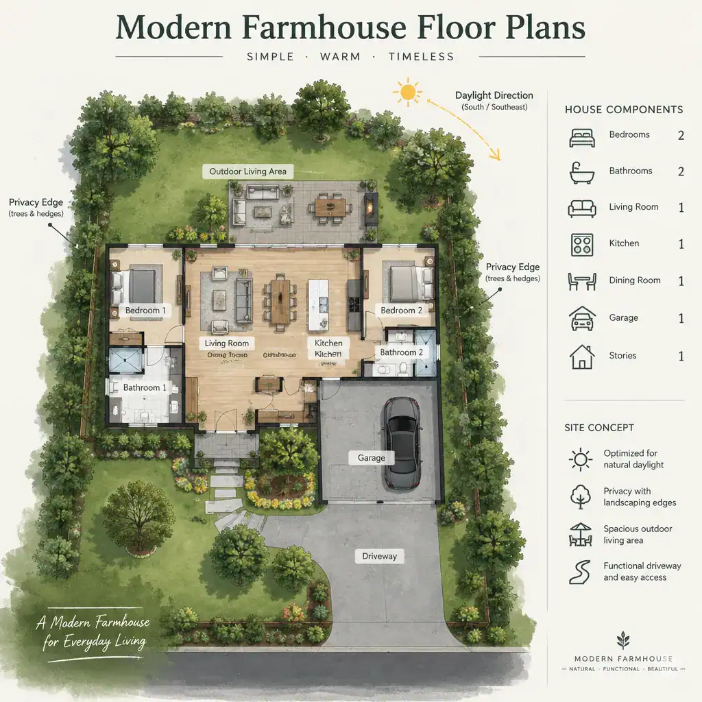 modern farmhouse floor plan adapted to site orientation and outdoor spaces
