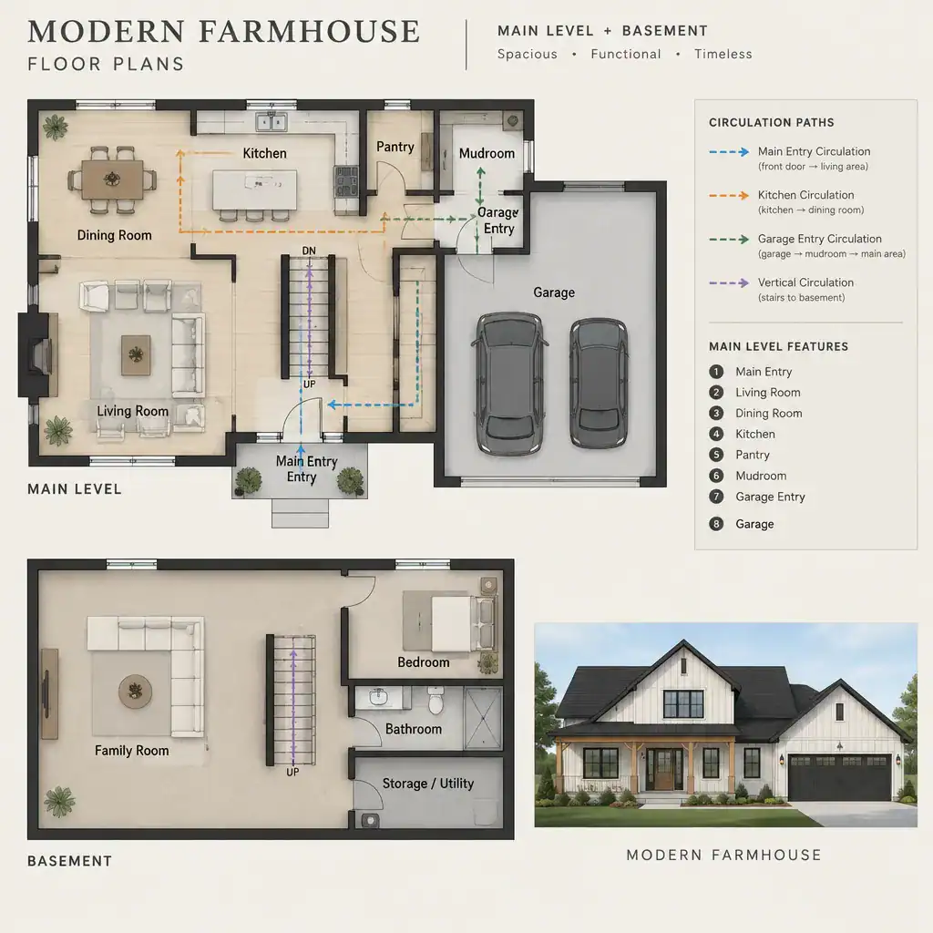 modern farmhouse floor plan with basement and garage layout