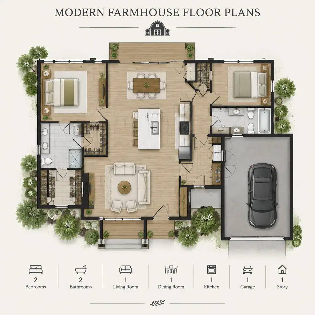 modern farmhouse floor plan with connected living spaces and practical circulation