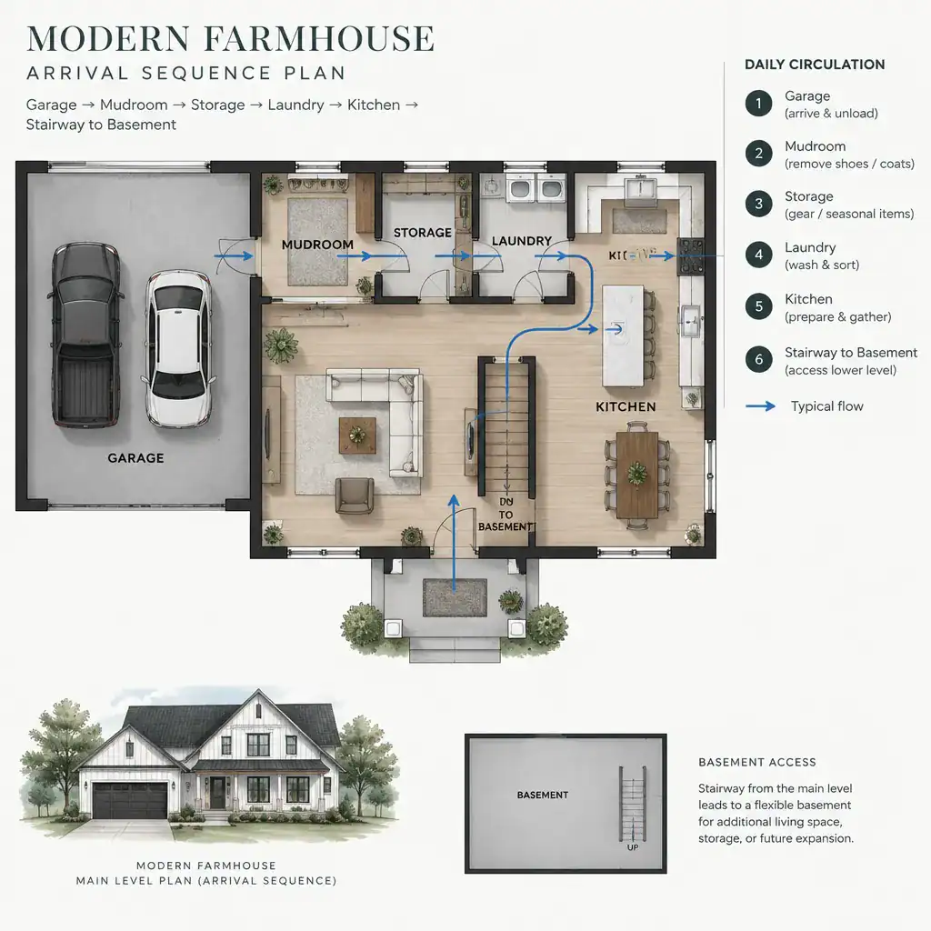 modern farmhouse garage mudroom and basement circulation plan