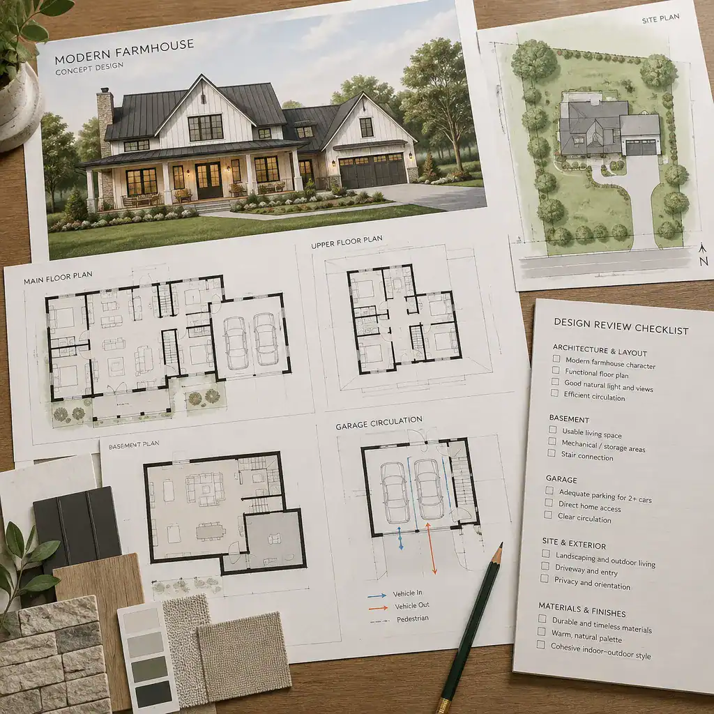 modern farmhouse house plan review checklist with basement and garage
