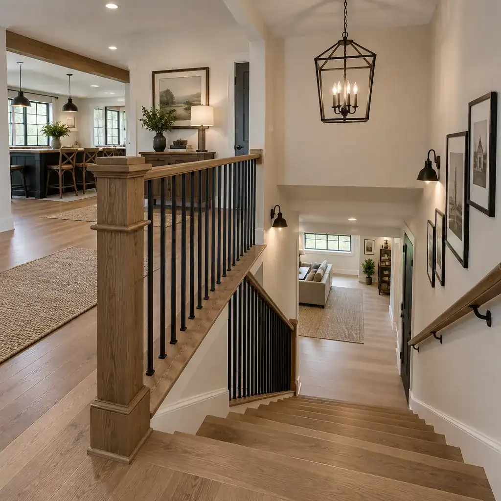 modern farmhouse interior connecting the main floor and basement