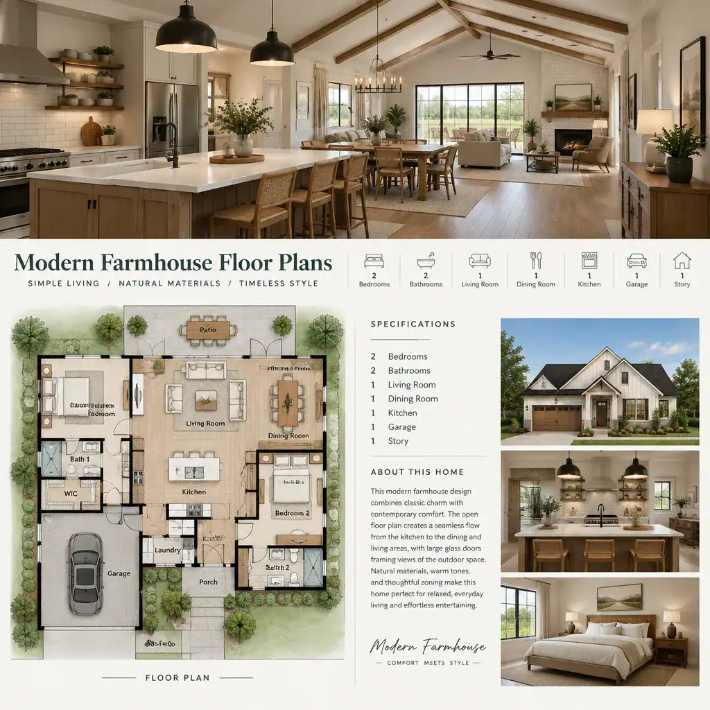 modern farmhouse kitchen connected to dining and living areas