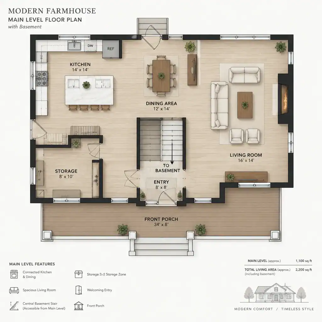 modern farmhouse main floor plan with basement stair connection
