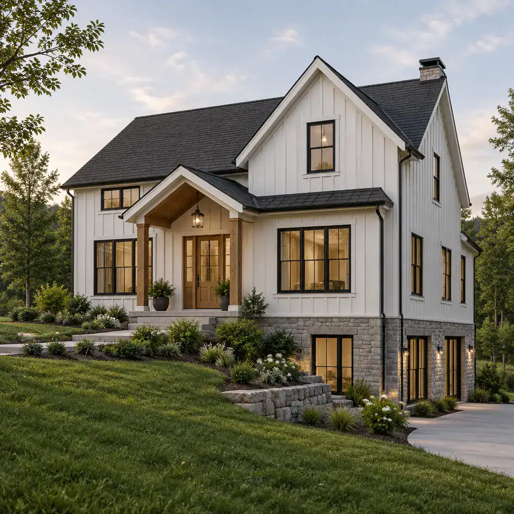 modern farmhouse plan with an integrated basement facade