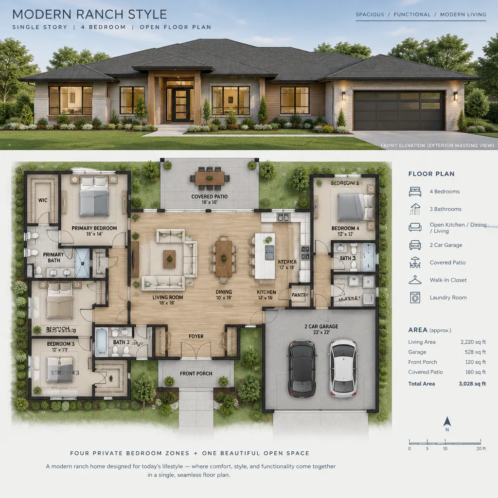 modern four bedroom ranch house floor plan with open living area