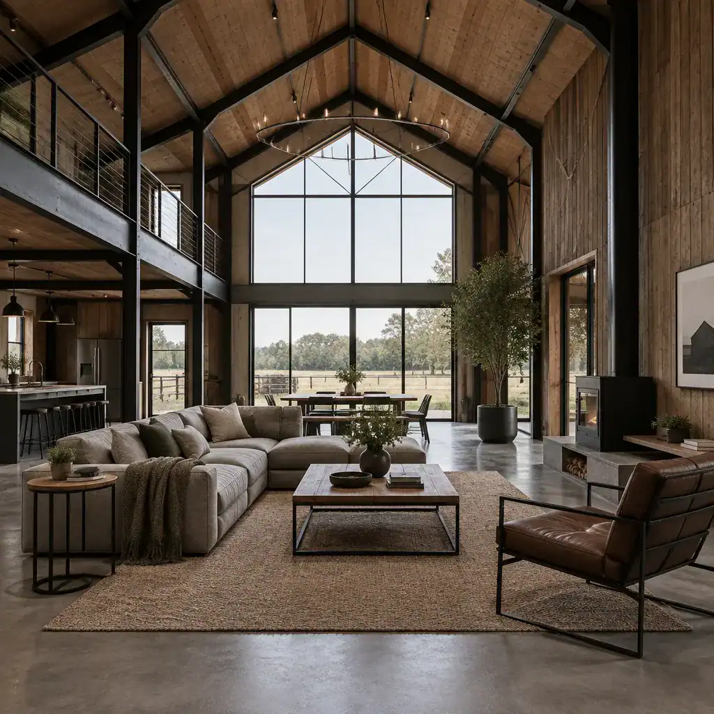 modern industrial barn house living room with simple wood metal furniture and textured textiles