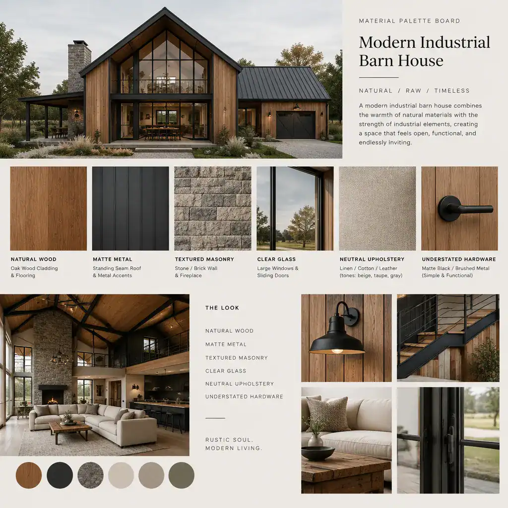 modern industrial barn house material palette with wood metal masonry and glass