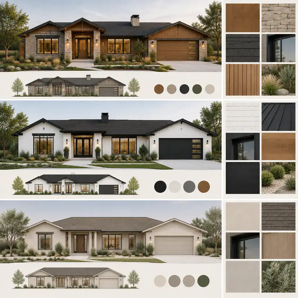 modern ranch exterior design palette with three coordinated facade directions