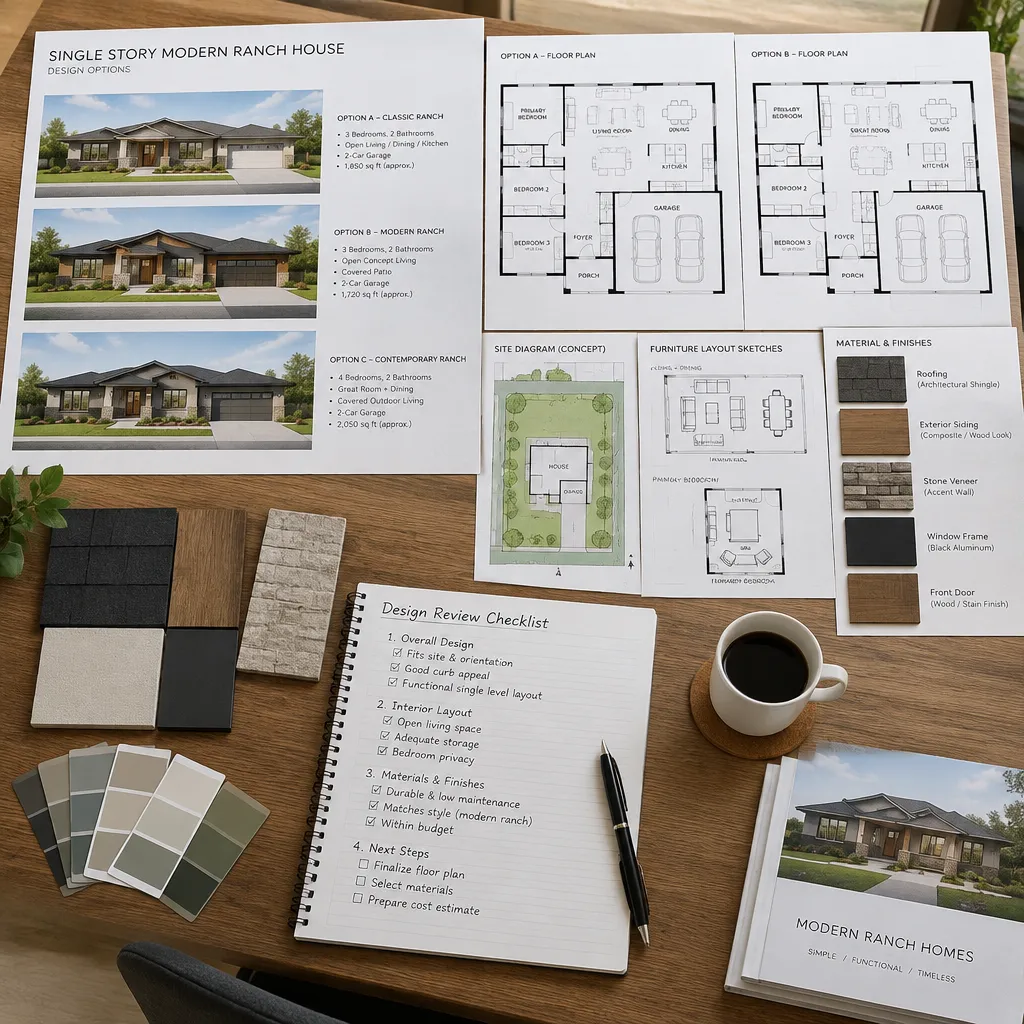 modern ranch house design review with floor plans and material samples