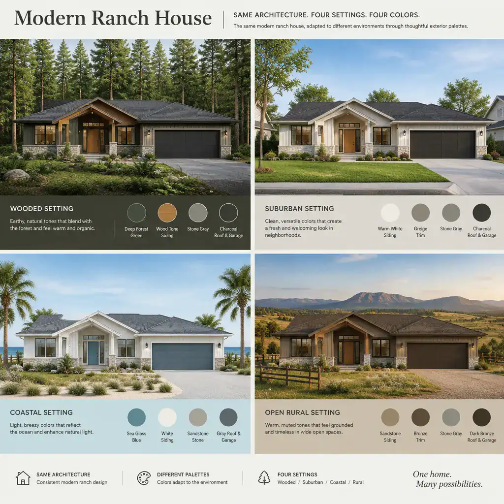 modern ranch house exterior colors adapted to different landscape settings
