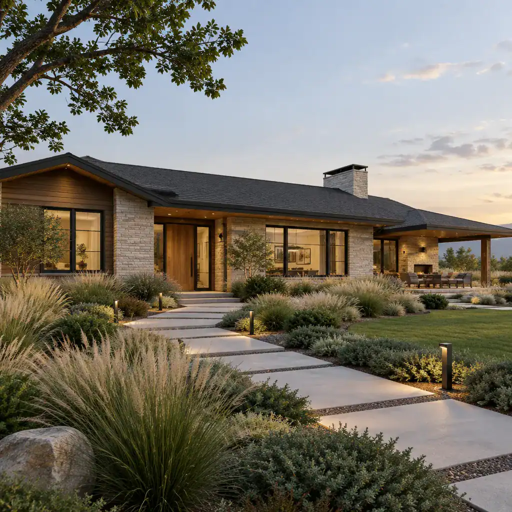 modern ranch house exterior integrated with contemporary landscaping