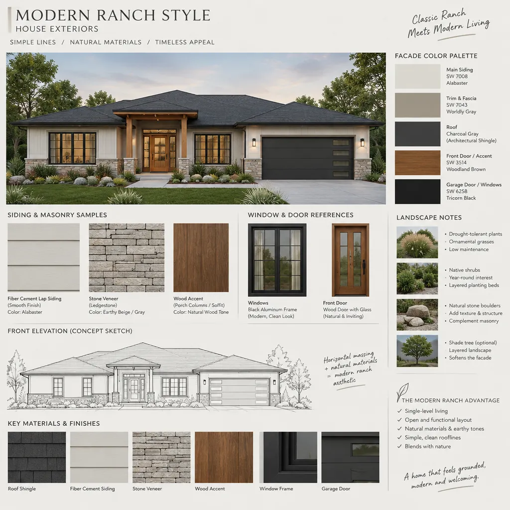 modern ranch house exterior planning board with material samples