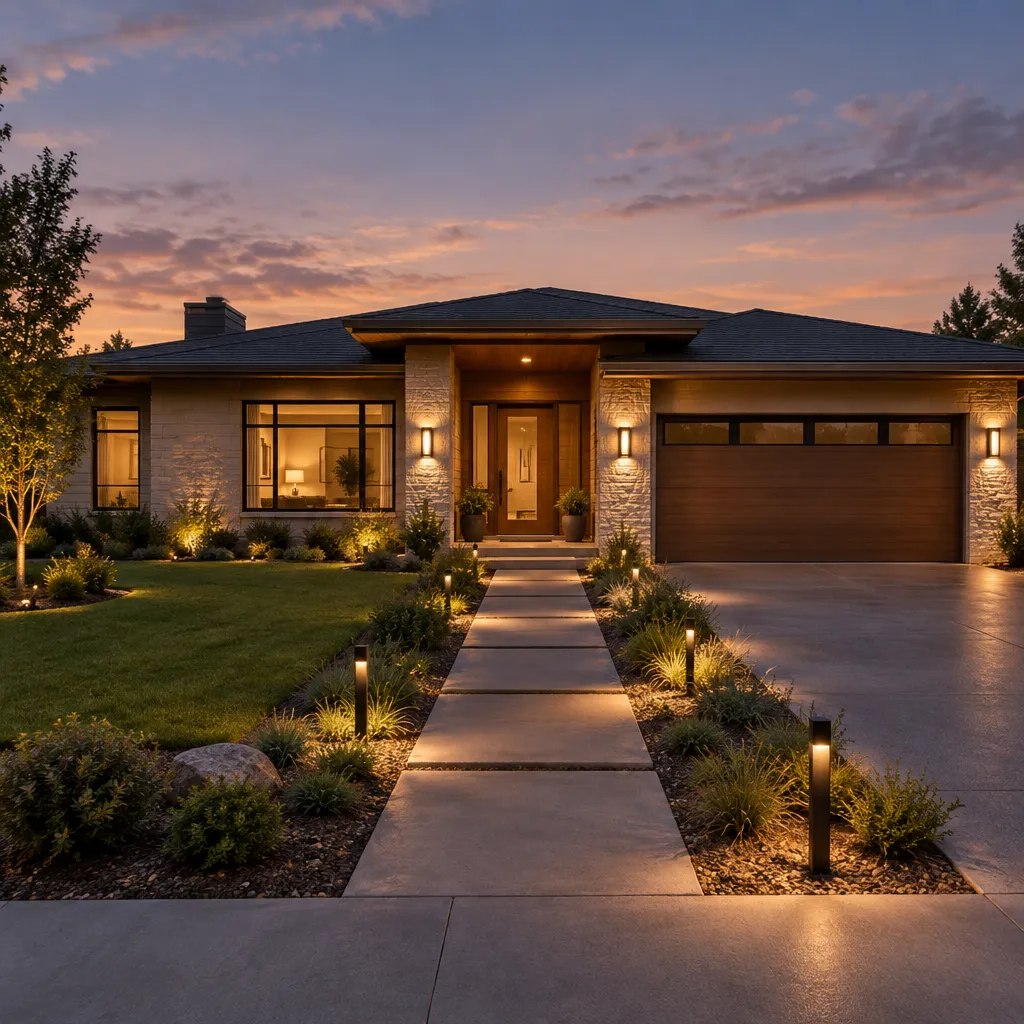 modern ranch house exterior with coordinated entry garage and lighting