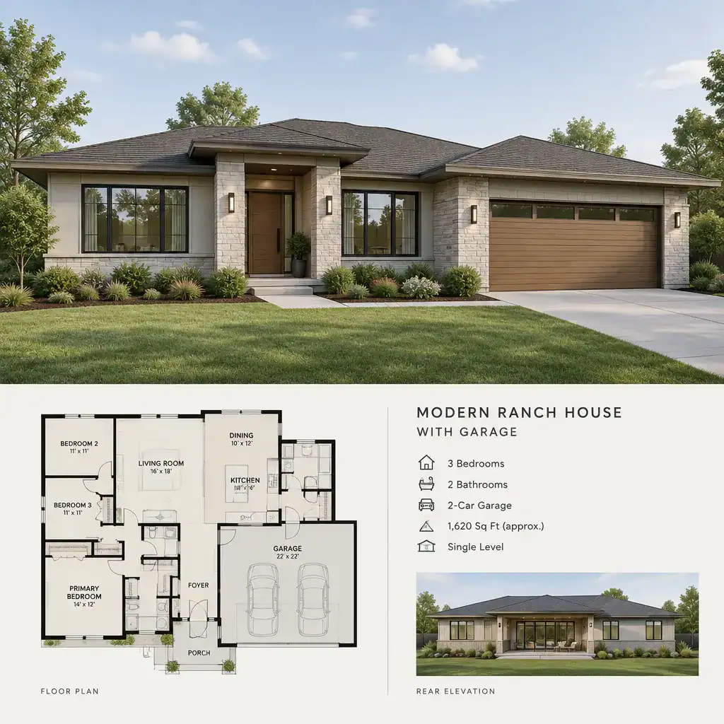 modern ranch house exterior with integrated garage