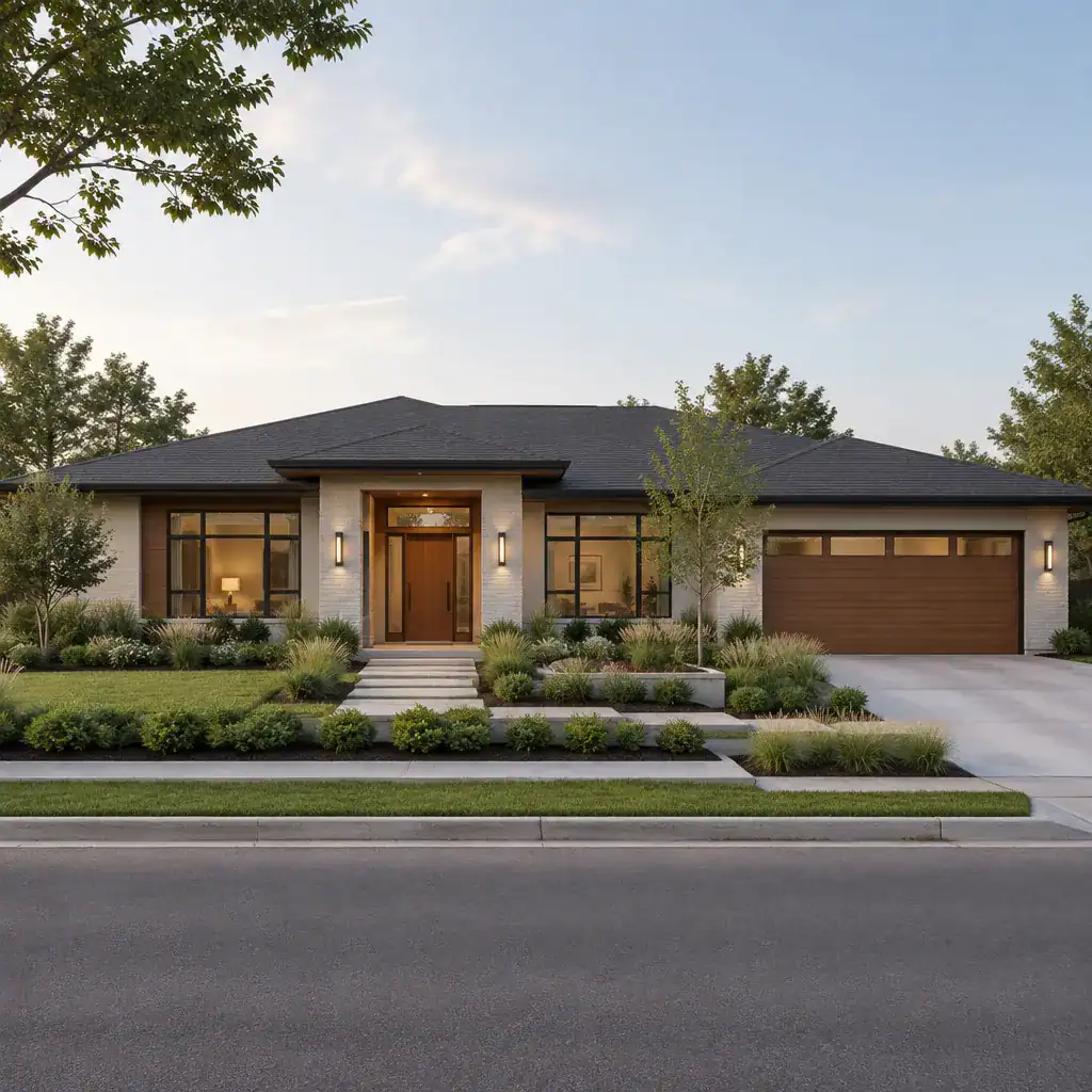 modern ranch house exterior with minimalist landscaping and clean walkway