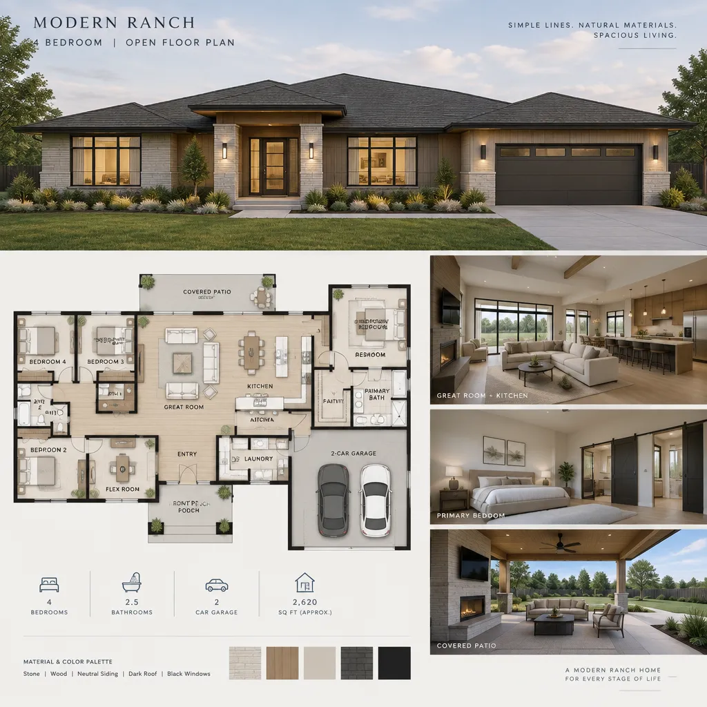 modern ranch house exterior with open floor plan design