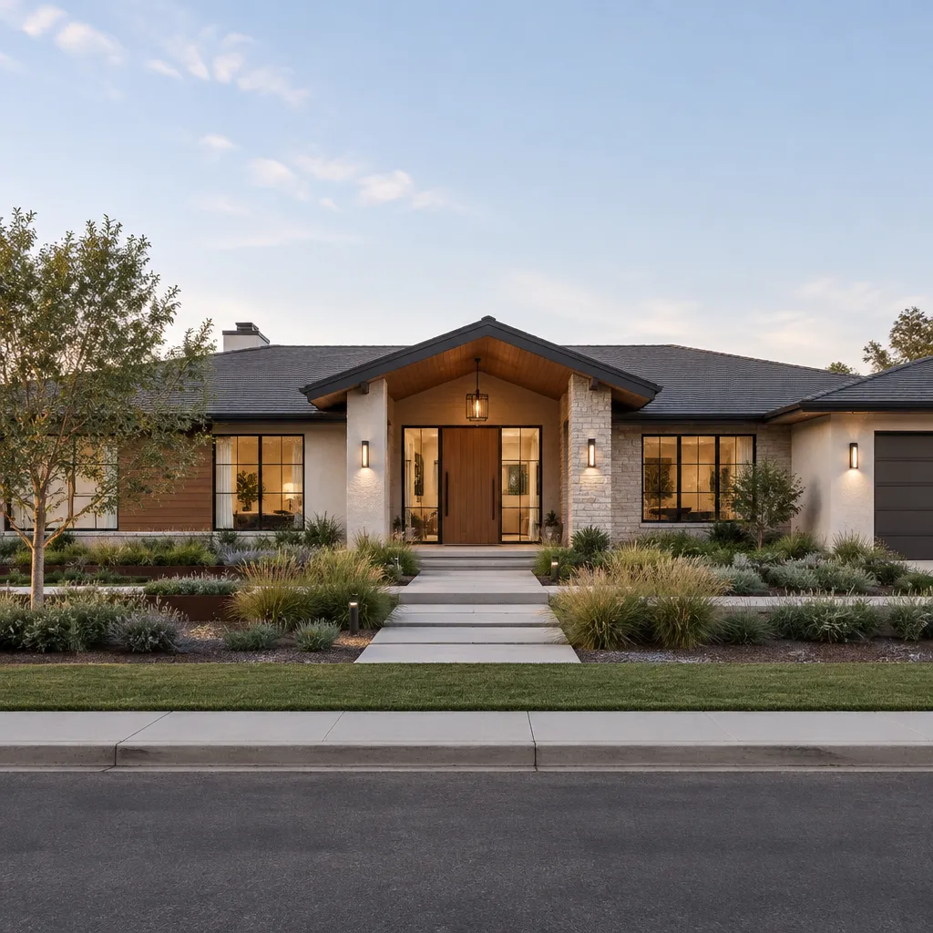 modern ranch house exterior with simple low-maintenance landscaping