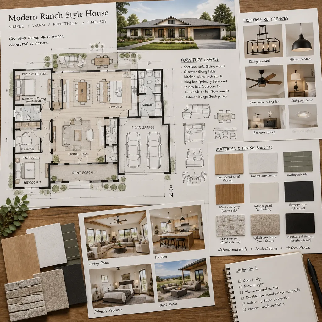modern ranch house interior planning board with floor plan and finish samples