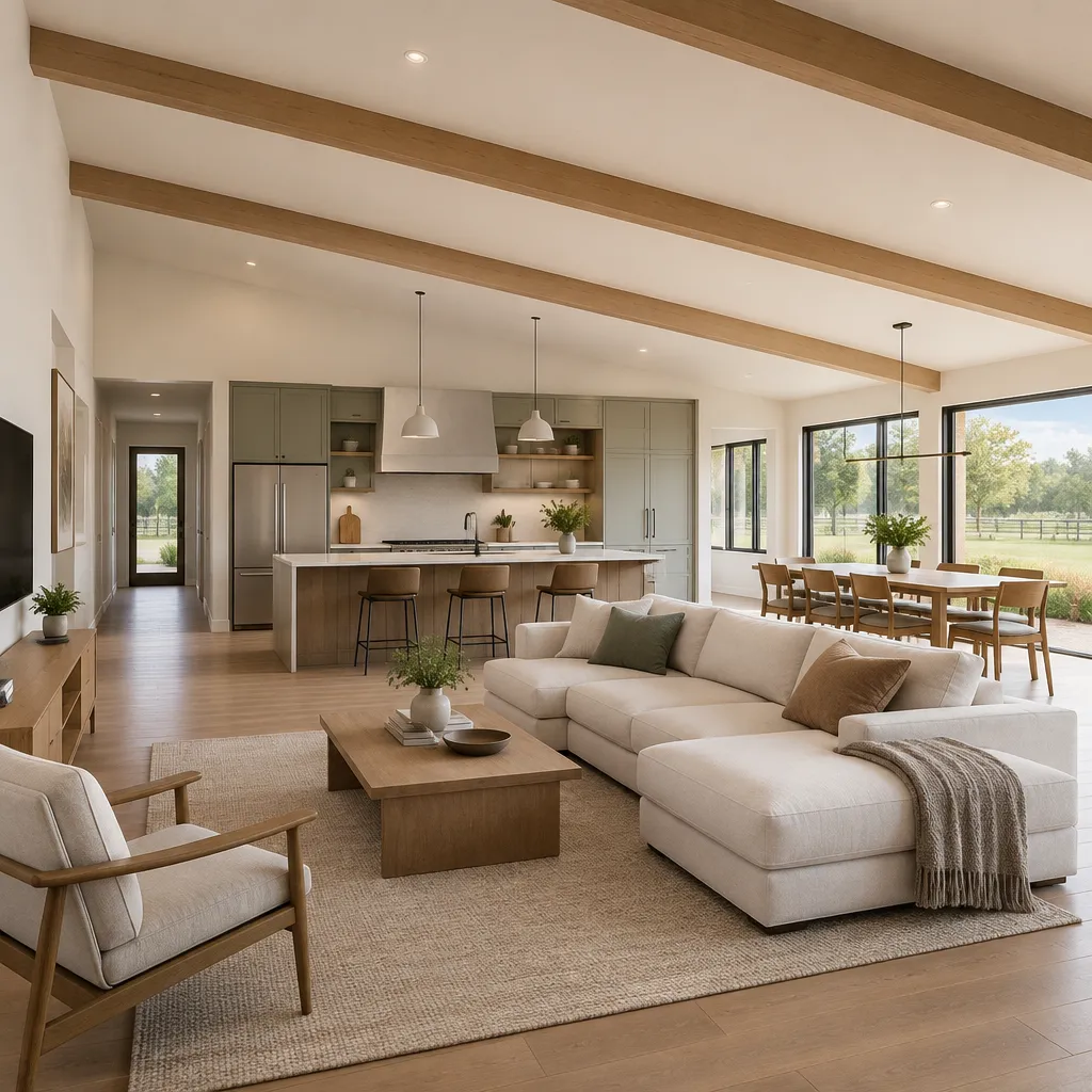 modern ranch house interior with warm wood accents and neutral finishes