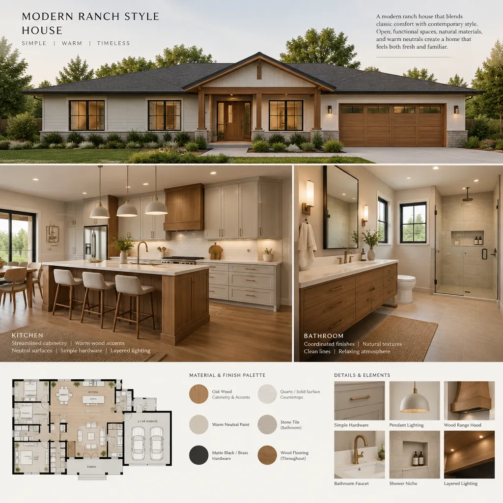 modern ranch house kitchen and bathroom interior with coordinated finishes