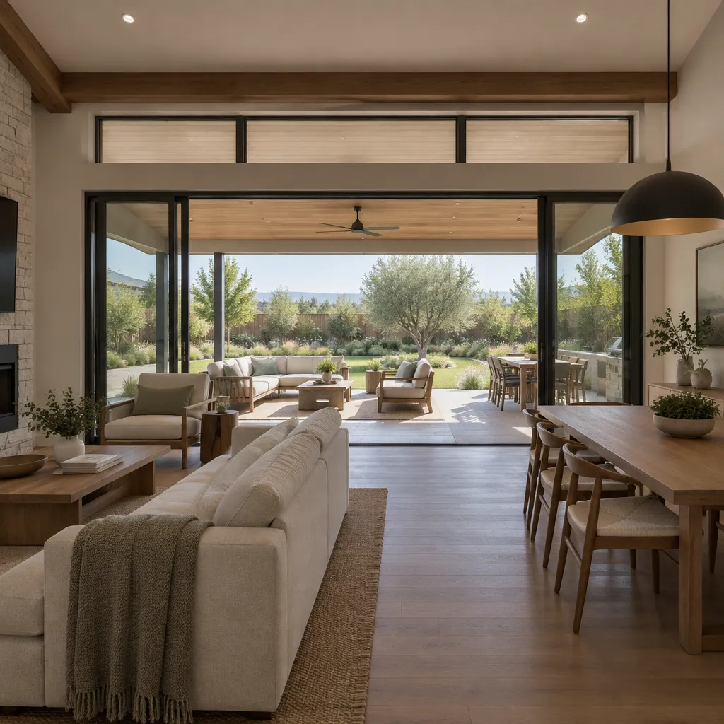 modern ranch house living area opening to a covered patio