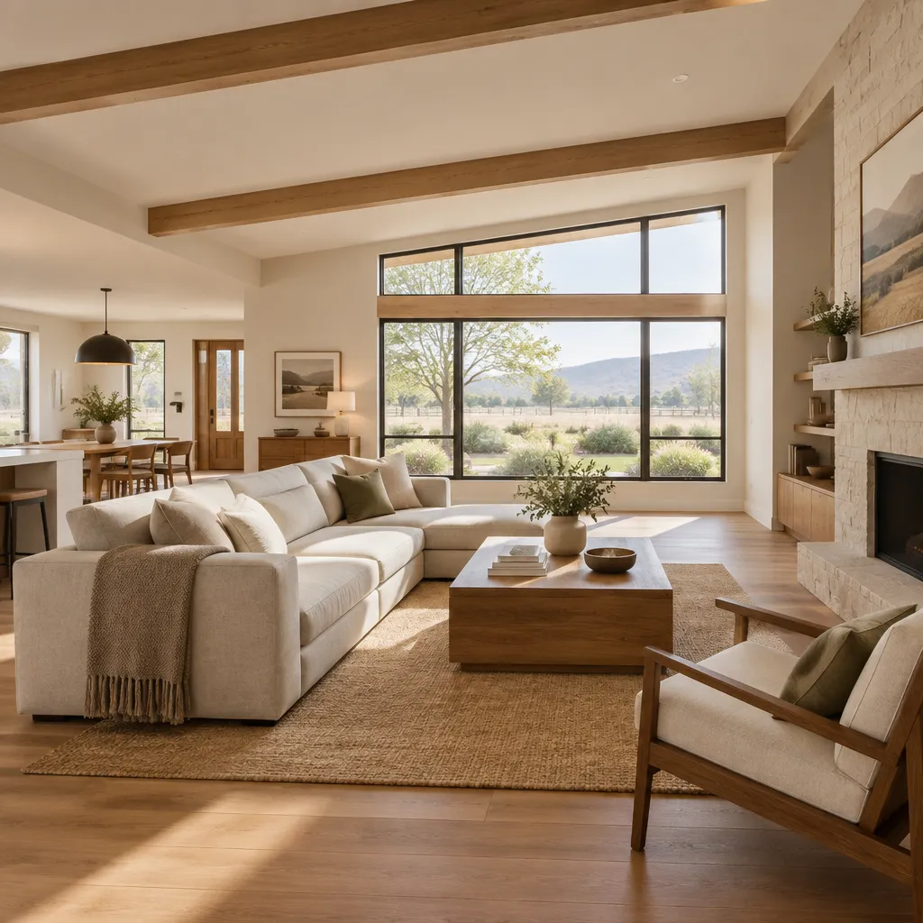 modern ranch house living room interior with warm wood and neutral furnishings