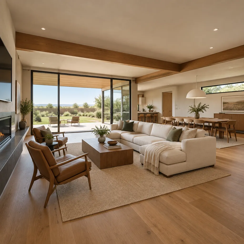 modern ranch house living room with warm wood accents and open sightlines