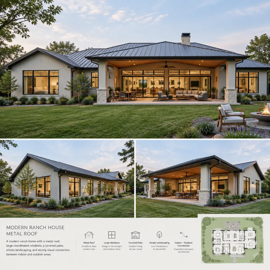 modern ranch house metal roof connected to outdoor living space