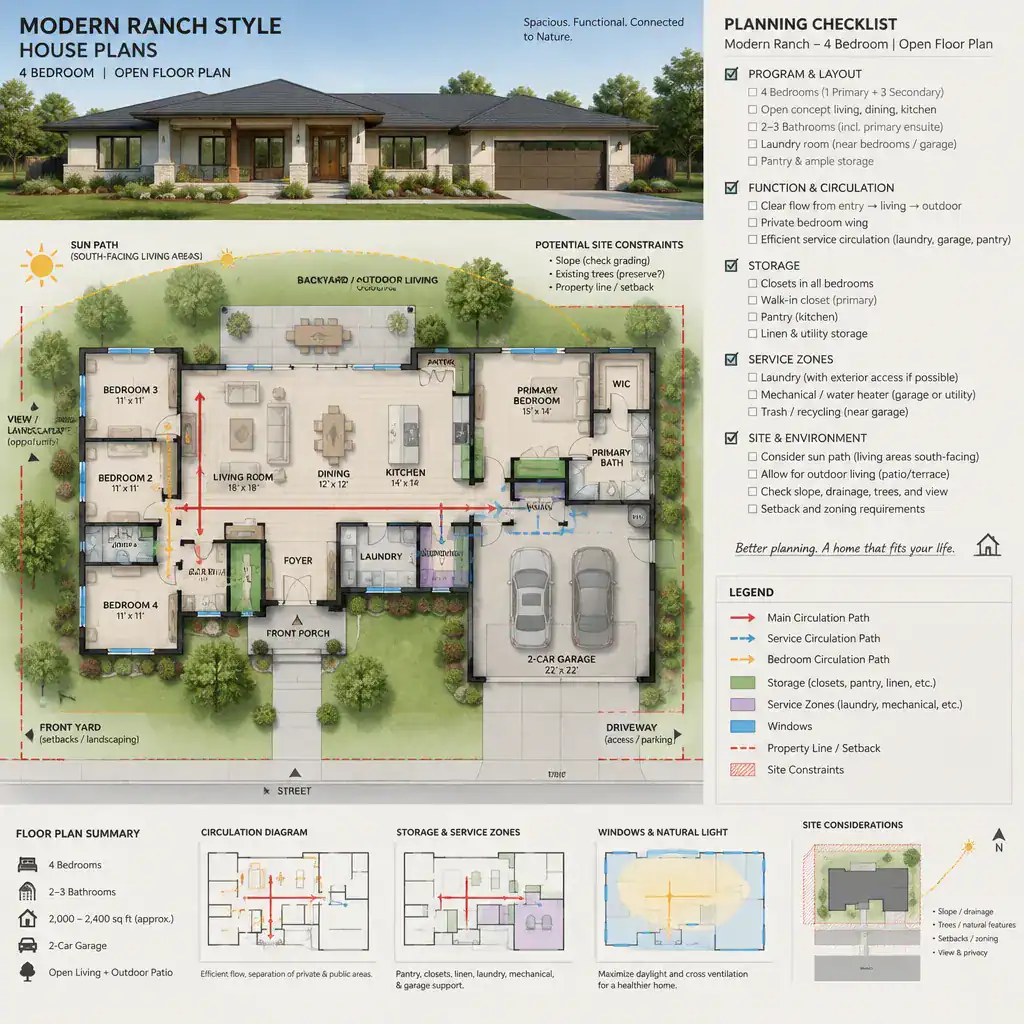 modern ranch house plan evaluation checklist for layout and site fit