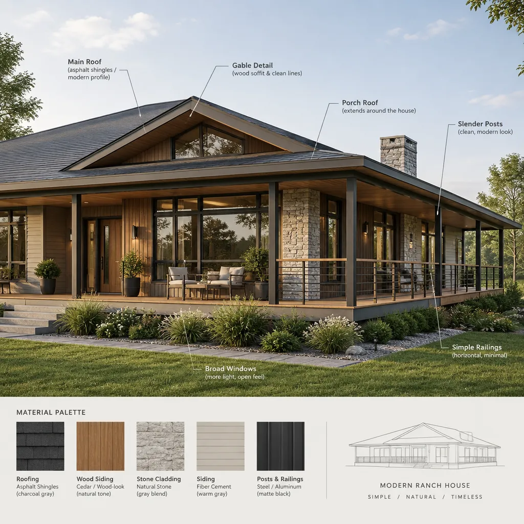 modern ranch house porch roofline and exterior materials