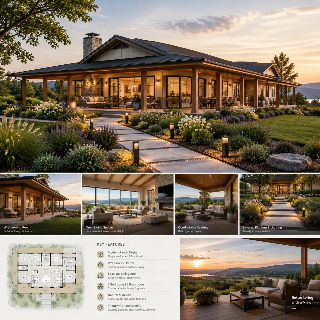 modern ranch house wraparound porch connected to landscape