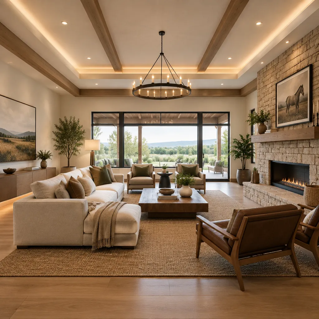 modern ranch living room with layered lighting and curated decor
