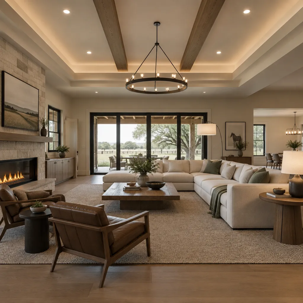 modern ranch living room with layered lighting low profile furniture and restrained decor