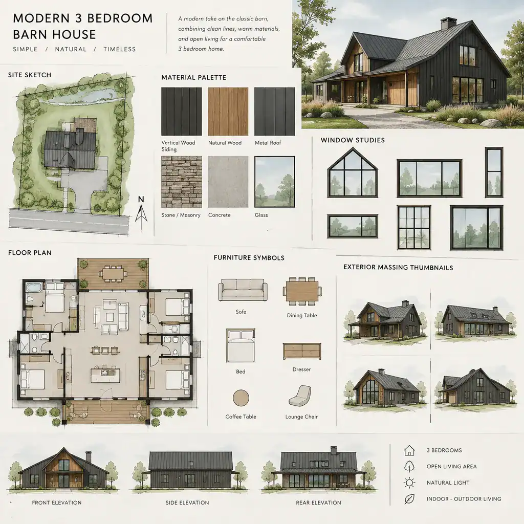 modern three bedroom barn house planning mood board