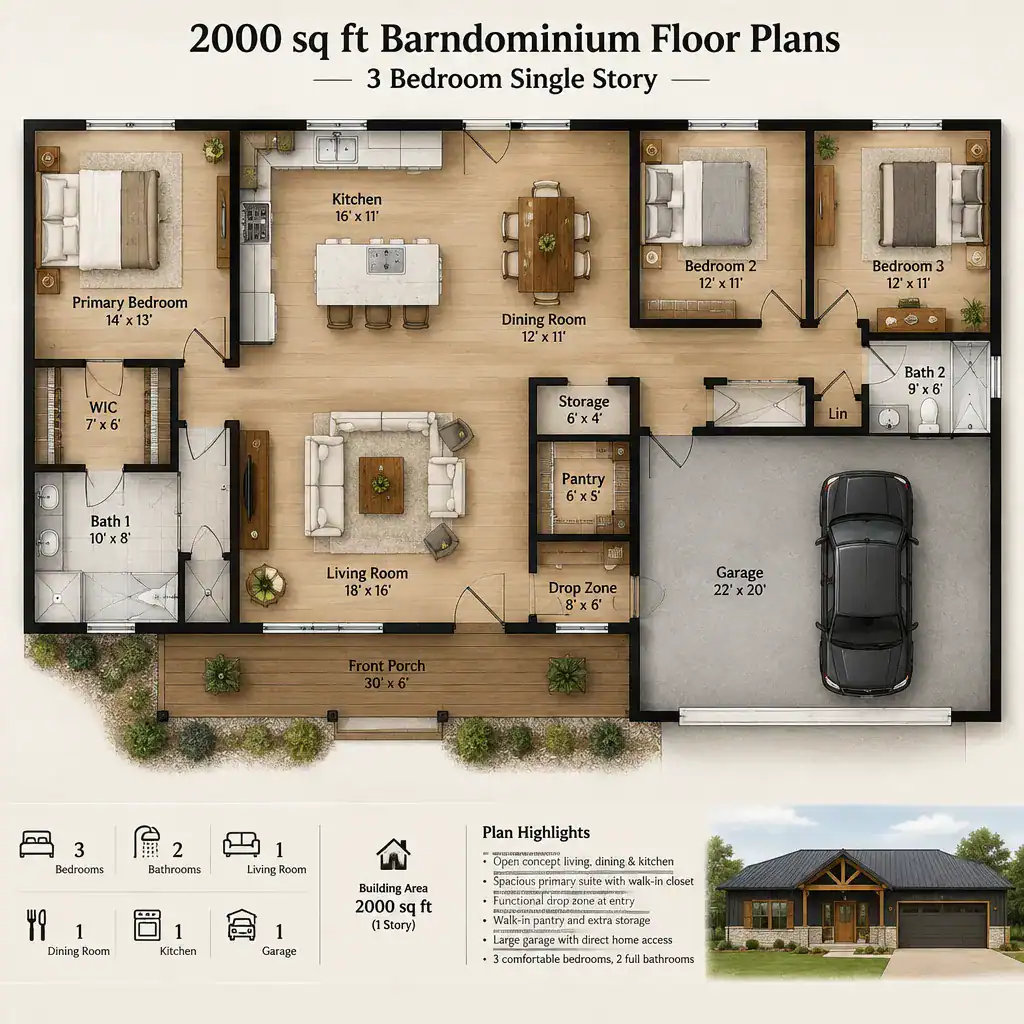 open kitchen dining living layout with storage in a barndominium