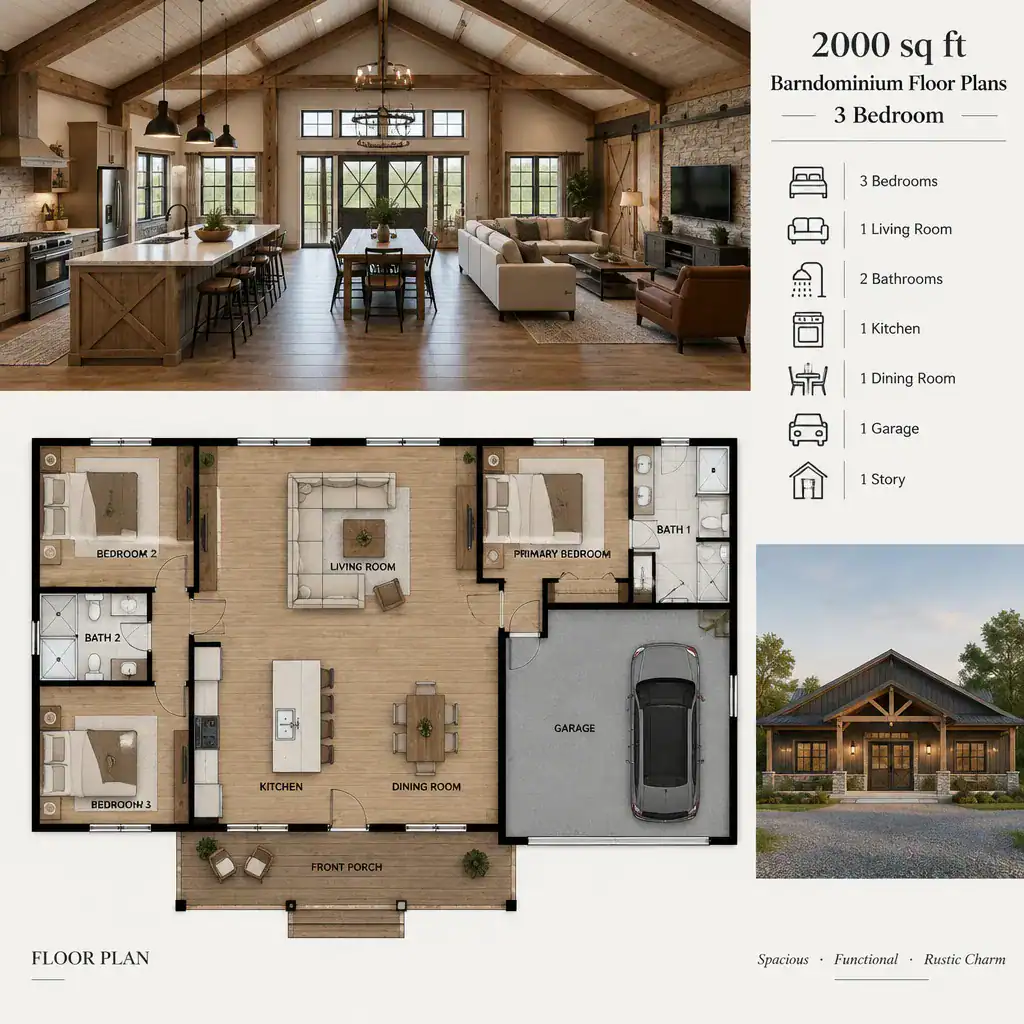 open kitchen living dining area in a barndominium