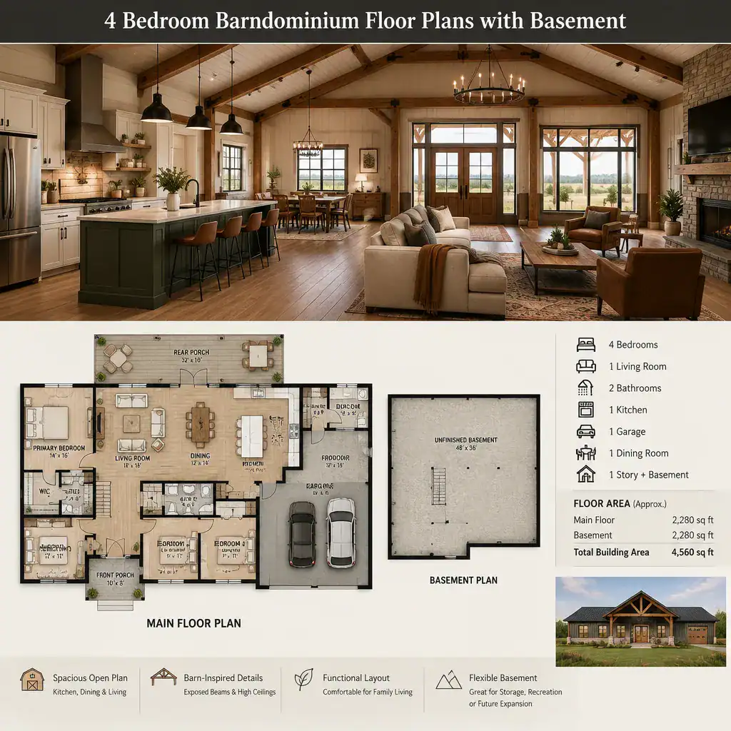 open living area in four bedroom barndominium